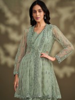 Elegant Firoji Green Crepe Silk Sequins Readymade Saree With Net Jacket